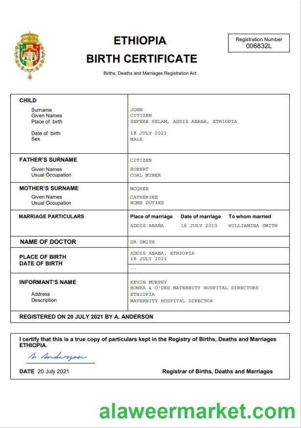 Ethiopia vital record birth certificate Word and PDF template